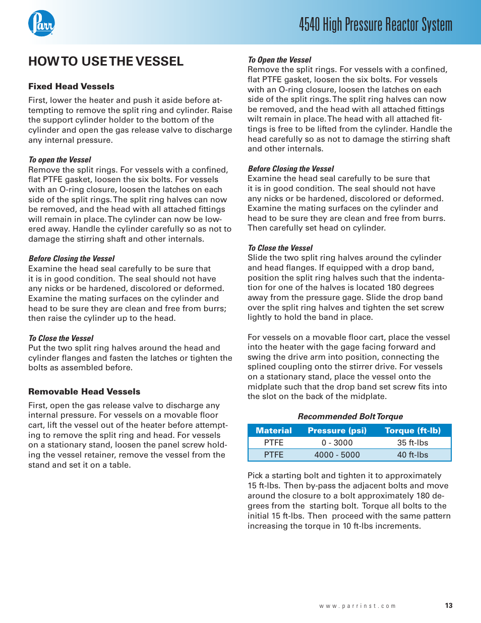 How to use the vessel, Fixed head vessels, Removable head vessels | 4540 high pressure reactor system | Parr Instrument Series 4540 User Manual | Page 13 / 32