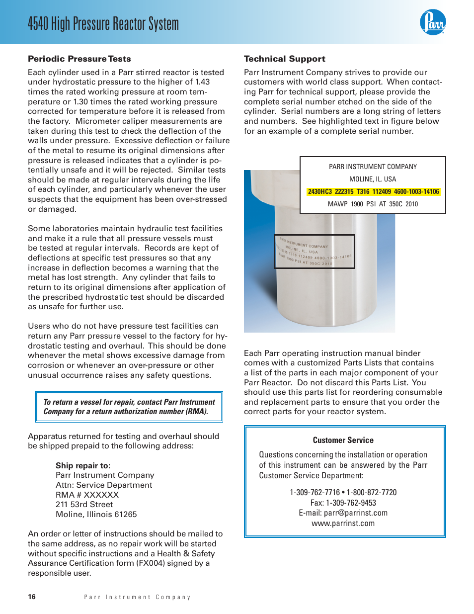 Periodic pressure tests, Technical support, 4540 high pressure reactor system | Parr Instrument Series 4540 User Manual | Page 16 / 32