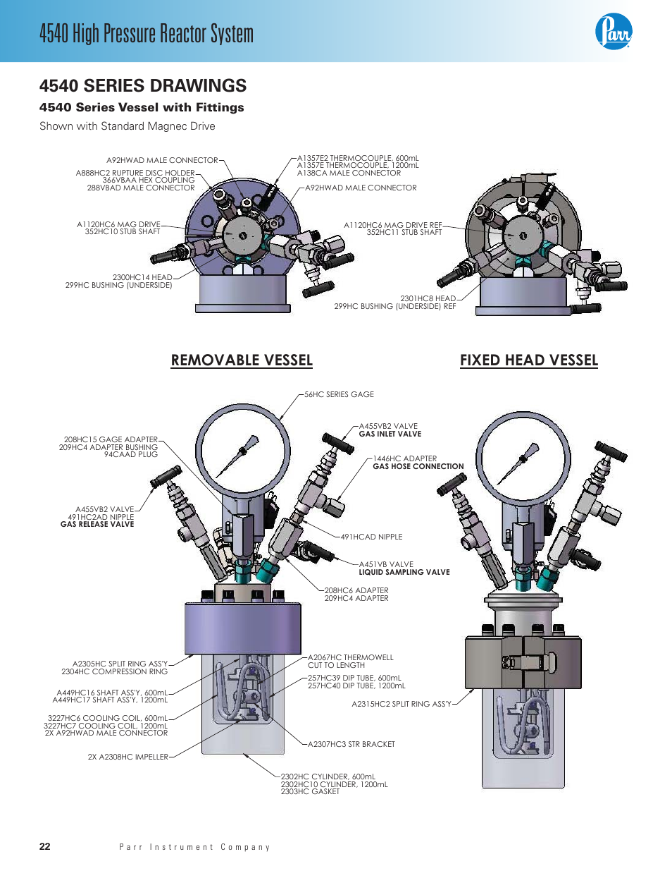 4540 series drawings, 4540 series vessel with fittings, 4540 high pressure reactor system | Removable vessel fixed head vessel, Shown with standard magnec drive | Parr Instrument Series 4540 User Manual | Page 22 / 32