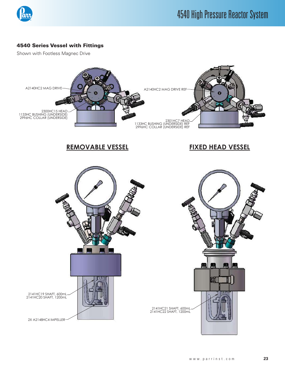 4540 high pressure reactor system, Fixed head vessel removable vessel | Parr Instrument Series 4540 User Manual | Page 23 / 32