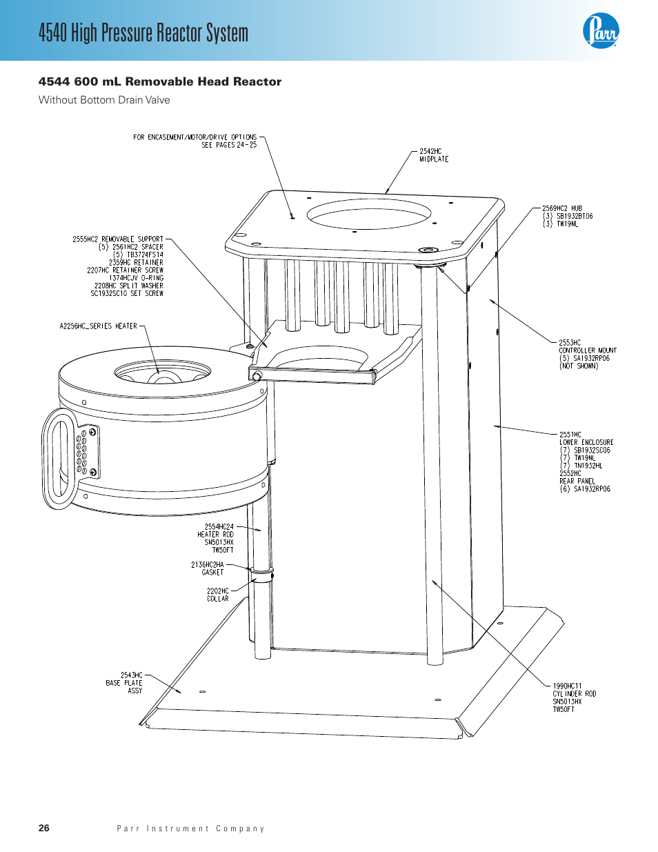 4544 600 ml removable head reactor, 4540 high pressure reactor system | Parr Instrument Series 4540 User Manual | Page 26 / 32