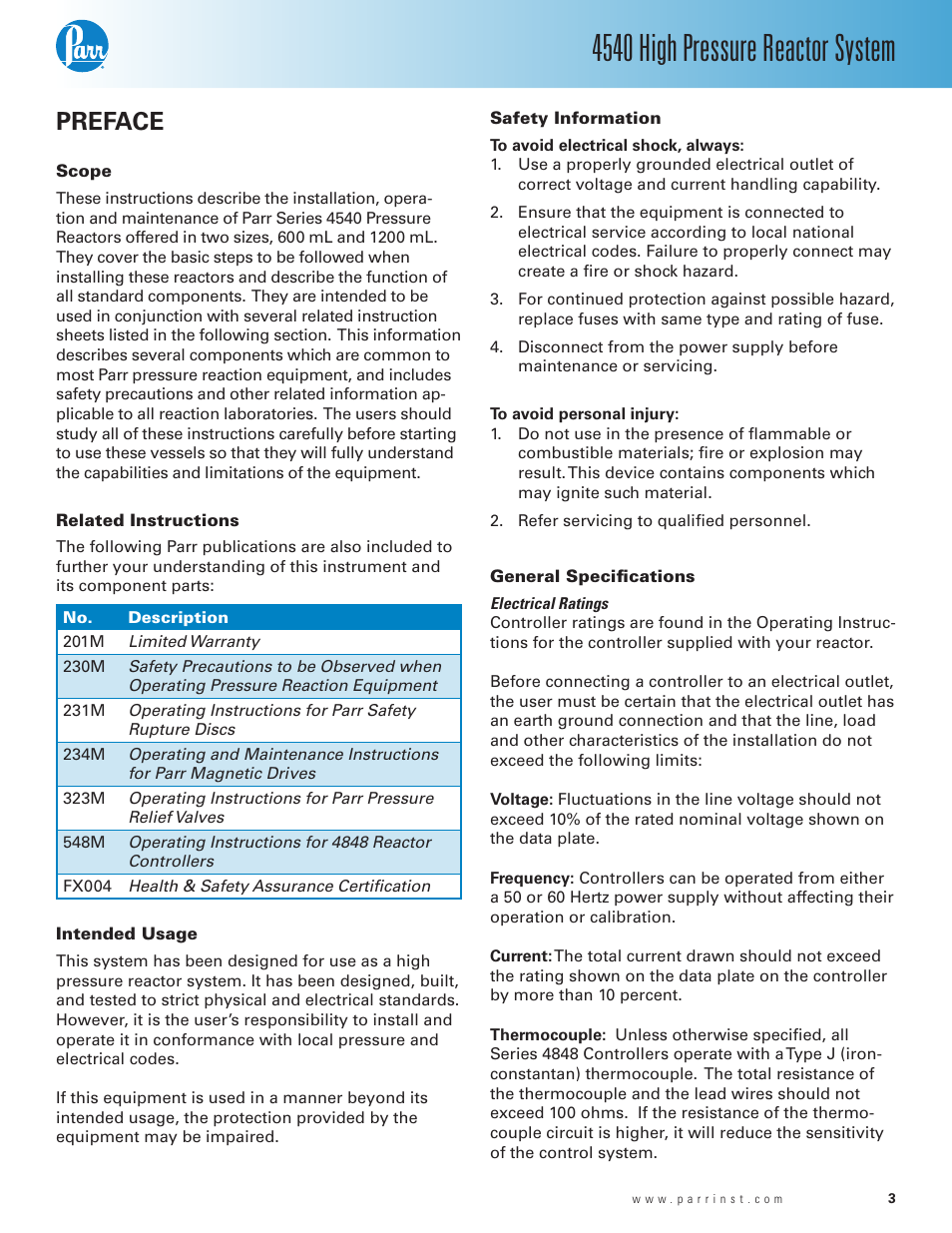 Preface, Scope, Related instructions | Intended usage, Safety information, General specifications, 4540 high pressure reactor system | Parr Instrument Series 4540 User Manual | Page 3 / 32