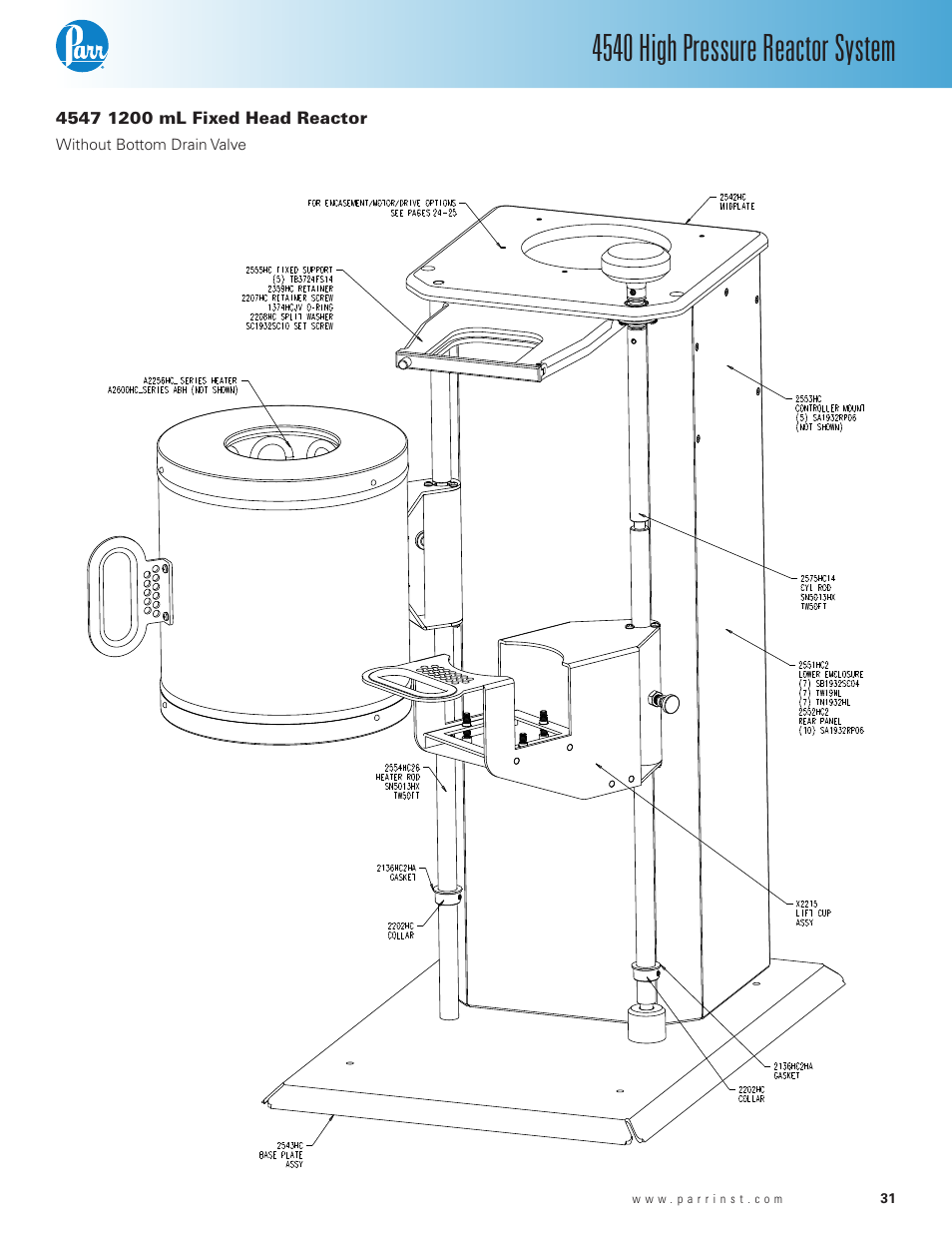 4547 1200 ml fixed head reactor, 4540 high pressure reactor system | Parr Instrument Series 4540 User Manual | Page 31 / 32