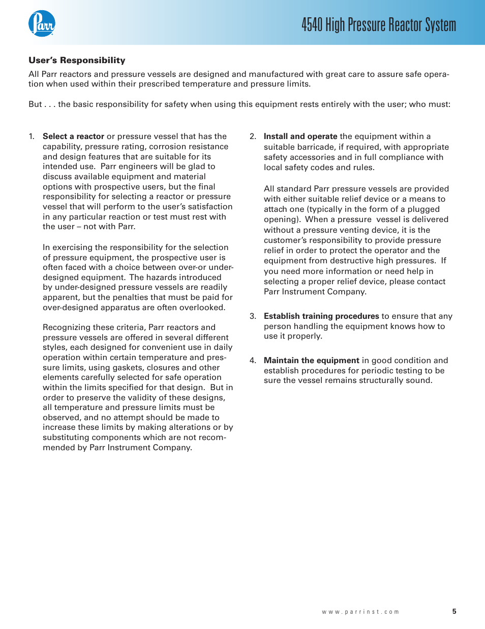 User’s responsibility, 4540 high pressure reactor system | Parr Instrument Series 4540 User Manual | Page 5 / 32