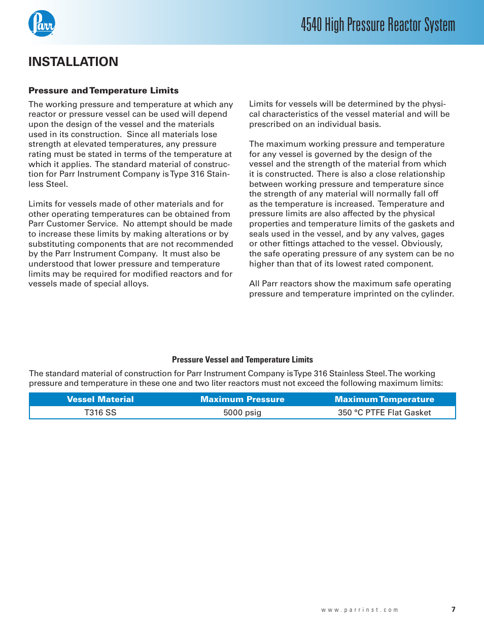 Installation, Pressure and temperature limits, 4540 high pressure reactor system | Parr Instrument Series 4540 User Manual | Page 7 / 32