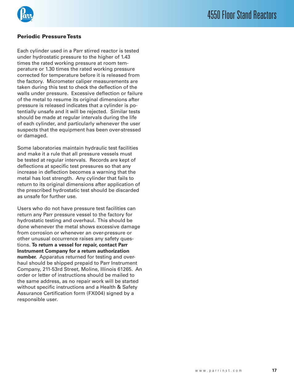 Periodic pressure tests, 4550 floor stand reactors | Parr Instrument Series 4550 User Manual | Page 17 / 28