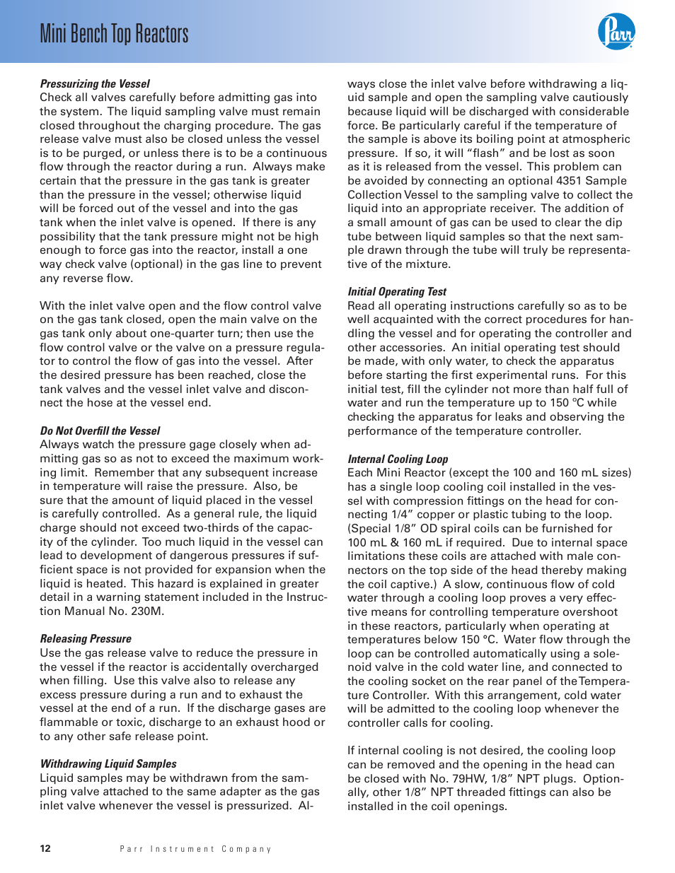 Mini bench top reactors | Parr Instrument Series 4560 User Manual | Page 12 / 28