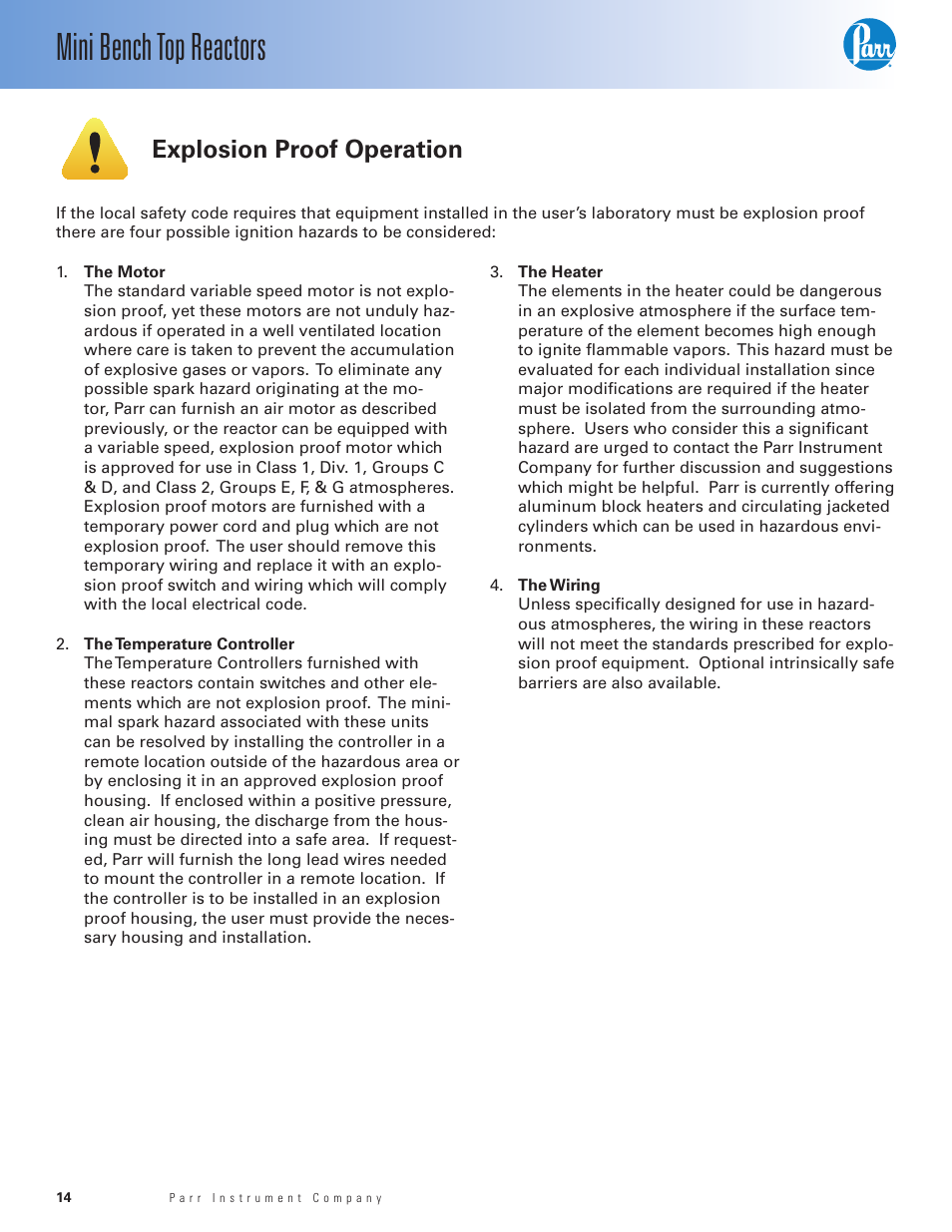 Mini bench top reactors, Explosion proof operation | Parr Instrument Series 4560 User Manual | Page 14 / 28