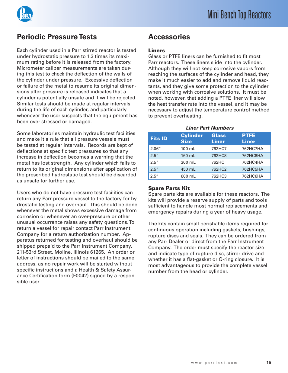 Mini bench top reactors, Periodic pressure tests, Accessories | Parr Instrument Series 4560 User Manual | Page 15 / 28