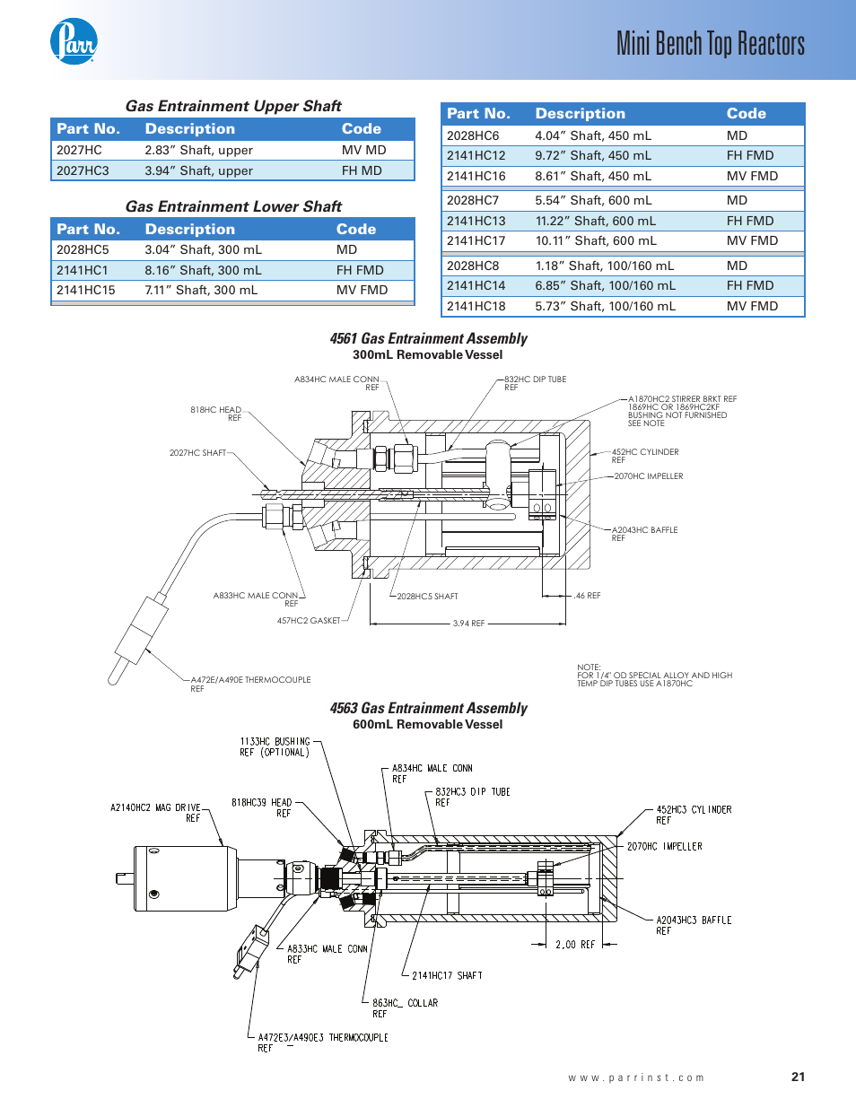 Mini bench top reactors, 4563 gas entrainment assembly, 4561 gas entrainment assembly | Gas entrainment upper shaft, Gas entrainment lower shaft | Parr Instrument Series 4560 User Manual | Page 21 / 28