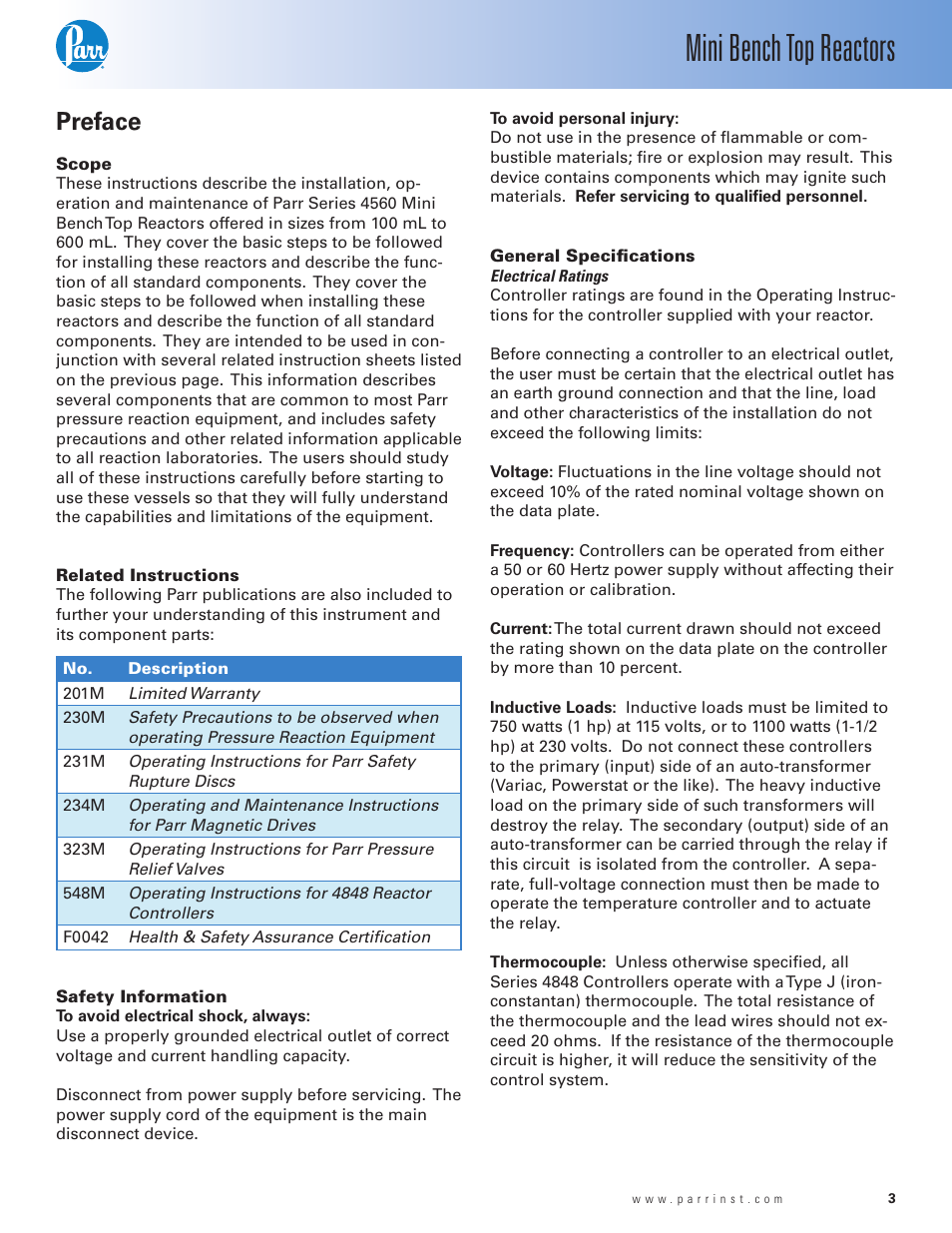 Mini bench top reactors, Preface | Parr Instrument Series 4560 User Manual | Page 3 / 28