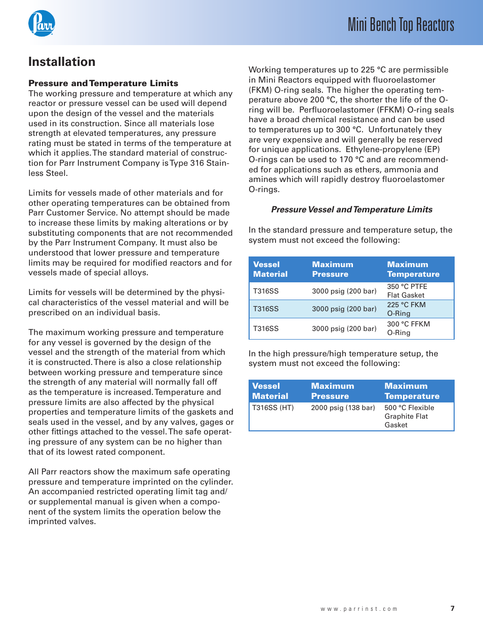 Mini bench top reactors, Installation | Parr Instrument Series 4560 User Manual | Page 7 / 28