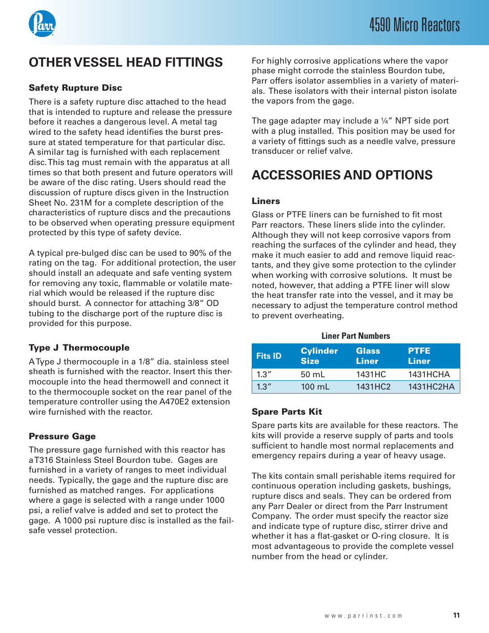 Other vessel head fittings, Safety rupture disc, Type j thermocouple | Pressure gage, Accessories and options, Liners, Spare parts kit, 4590 micro reactors | Parr Instrument Series 4590 User Manual | Page 11 / 28
