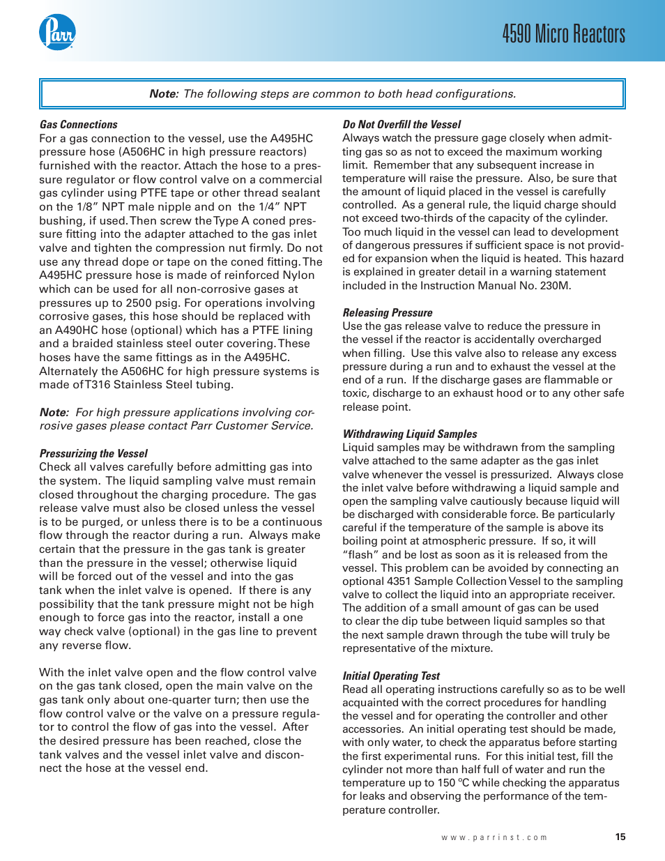 Gas connections, Pressurizing the vessel, Do not overfill the vessel | Releasing pressure, Withdrawing liquid samples, Initial operating test, 4590 micro reactors | Parr Instrument Series 4590 User Manual | Page 15 / 28