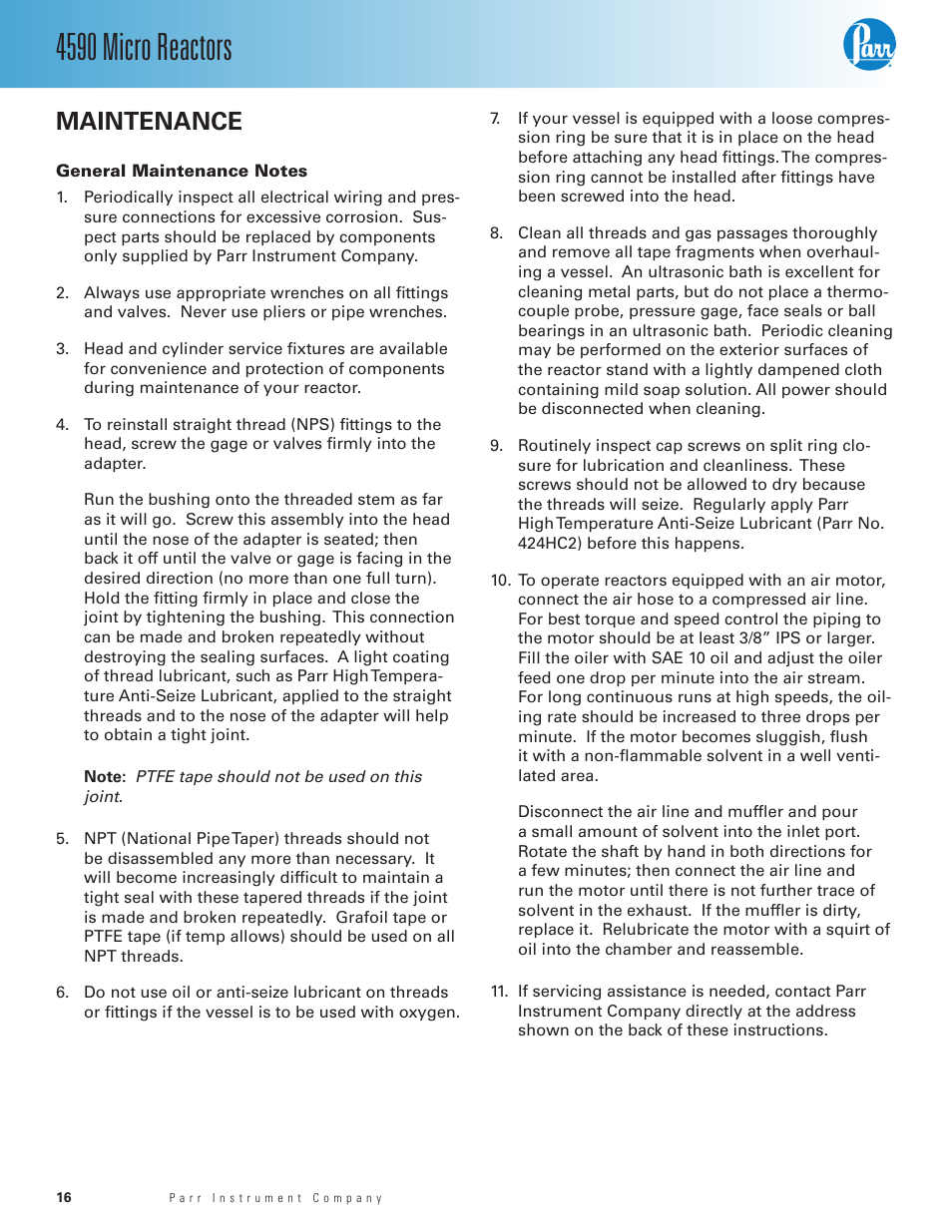 Maintenance, General maintenance notes, 4590 micro reactors | Parr Instrument Series 4590 User Manual | Page 16 / 28
