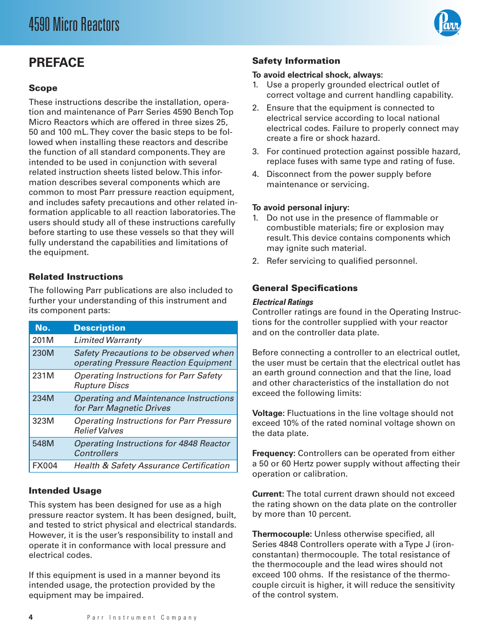 Preface, Scope, Related instructions | Intended usage, Safety information, General specifications, Electrical ratings, 4590 micro reactors | Parr Instrument Series 4590 User Manual | Page 4 / 28