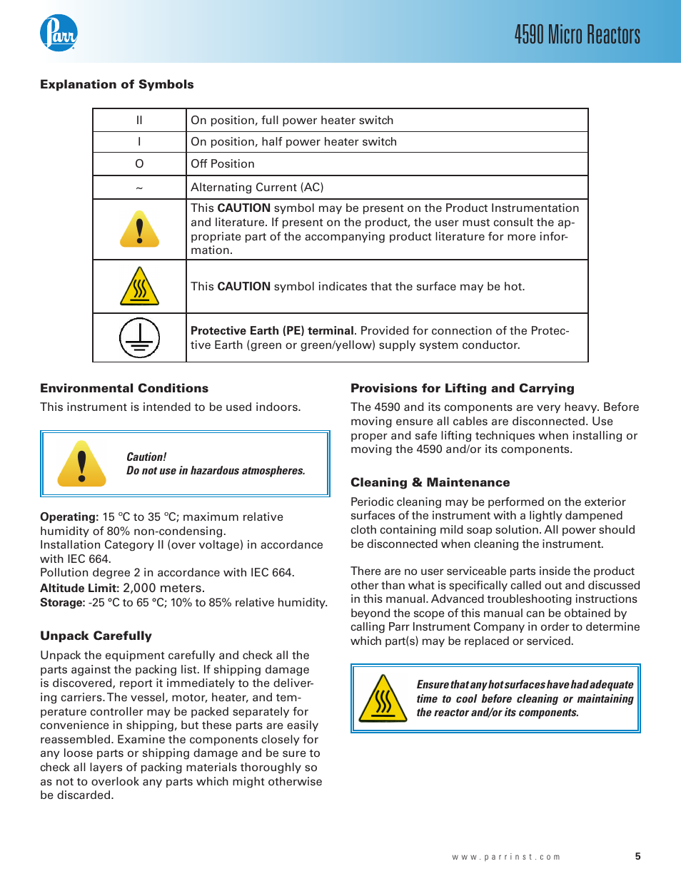 Explanation of symbols, Environmental conditions, Unpack carefully | Provisions for lifting and carrying, Cleaning & maintenance, 4590 micro reactors | Parr Instrument Series 4590 User Manual | Page 5 / 28