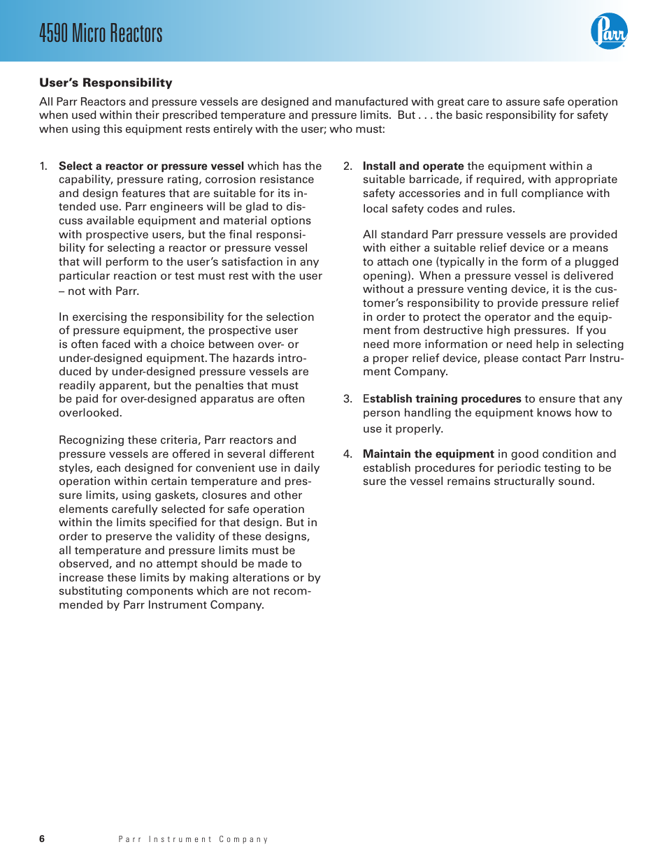User’s responsibility, 4590 micro reactors | Parr Instrument Series 4590 User Manual | Page 6 / 28