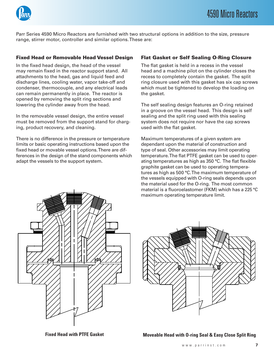 Fixed head or removable head vessel design, Flat gasket or self sealing o-ring closure, 4590 micro reactors | Parr Instrument Series 4590 User Manual | Page 7 / 28