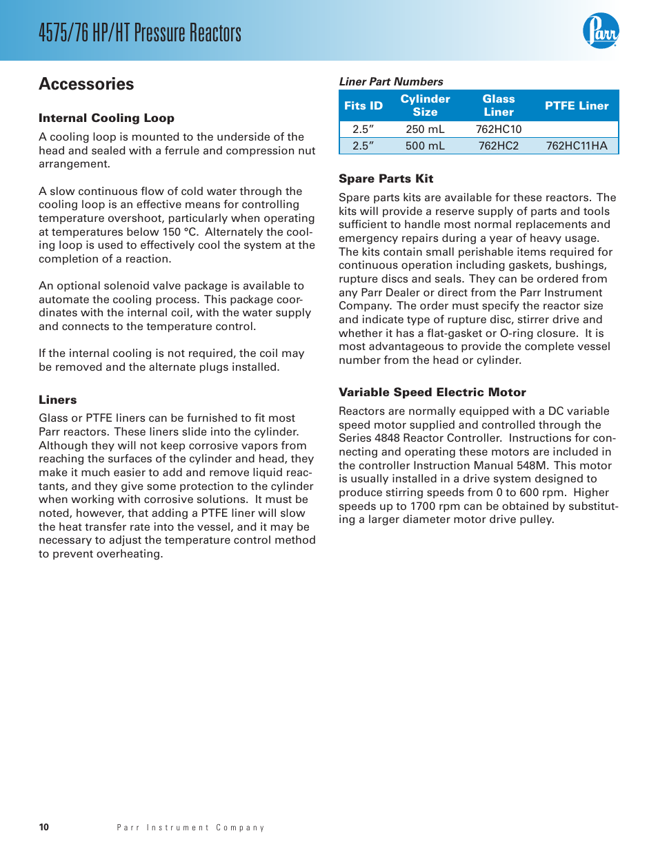 Accessories, Internal cooling loop, Liners | Spare parts kit, Variable speed electric motor | Parr Instrument 4575/76 HP/HT User Manual | Page 10 / 24