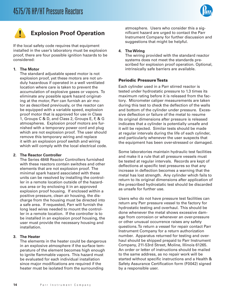 Explosion proof operation, Periodic pressure tests | Parr Instrument 4575/76 HP/HT User Manual | Page 14 / 24