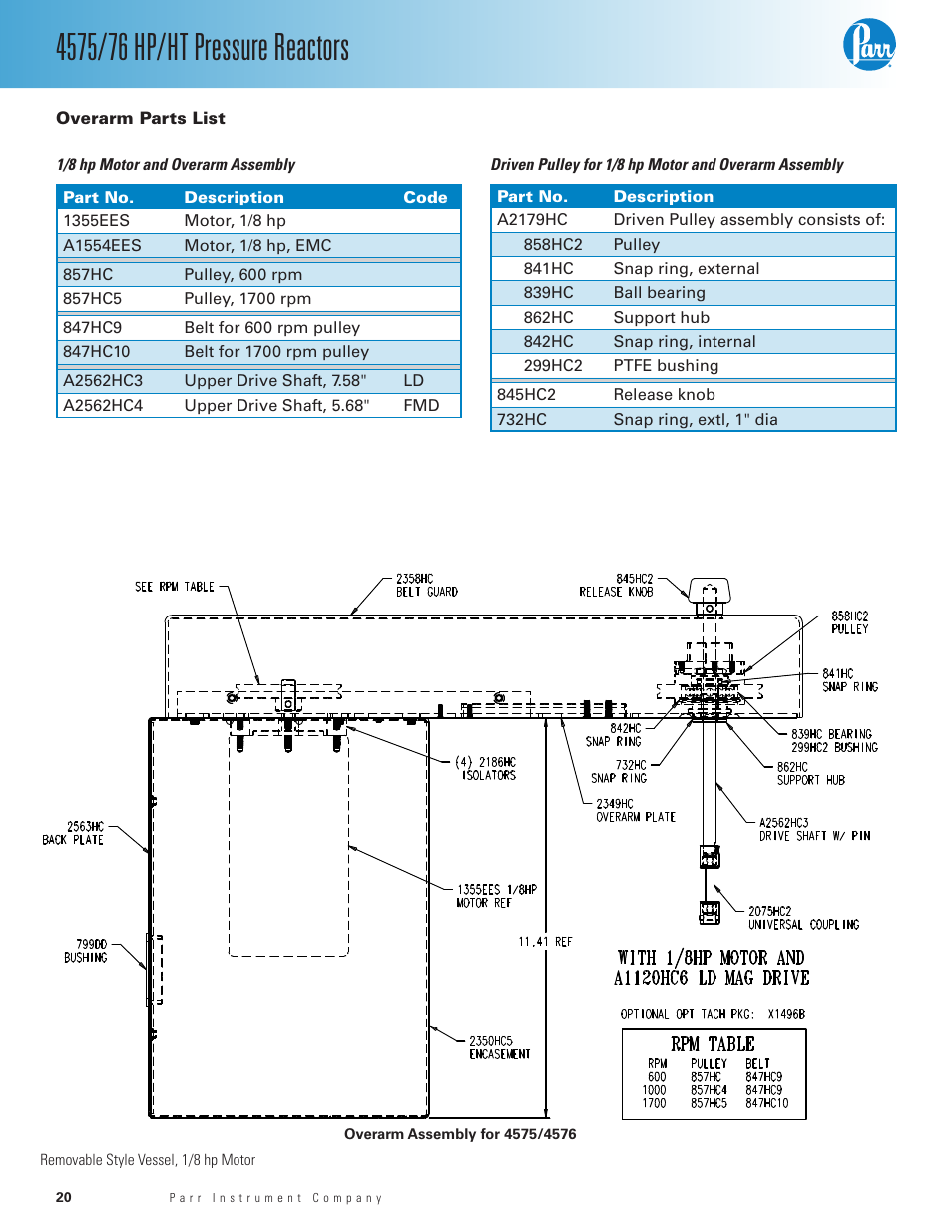 Overarm parts list | Parr Instrument 4575/76 HP/HT User Manual | Page 20 / 24