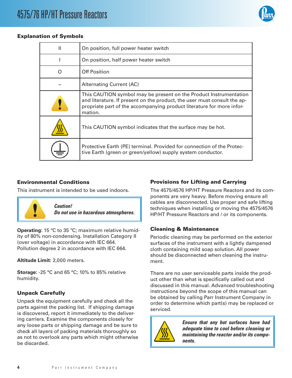 Explanation of symbols, Environmental conditions, Unpack carefully | Provisions for lifting and carrying, Cleaning & maintenance | Parr Instrument 4575/76 HP/HT User Manual | Page 4 / 24