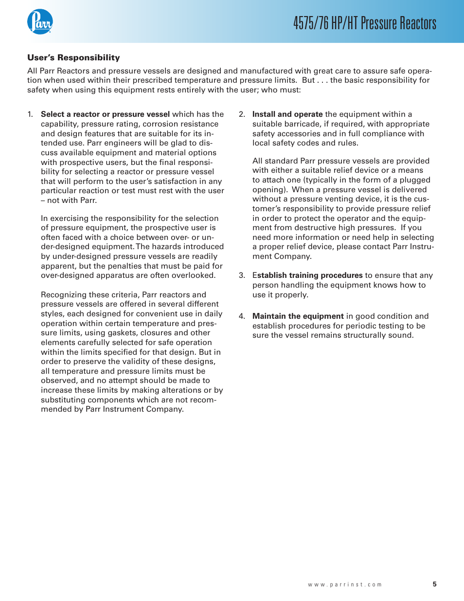 User’s responsibility | Parr Instrument 4575/76 HP/HT User Manual | Page 5 / 24