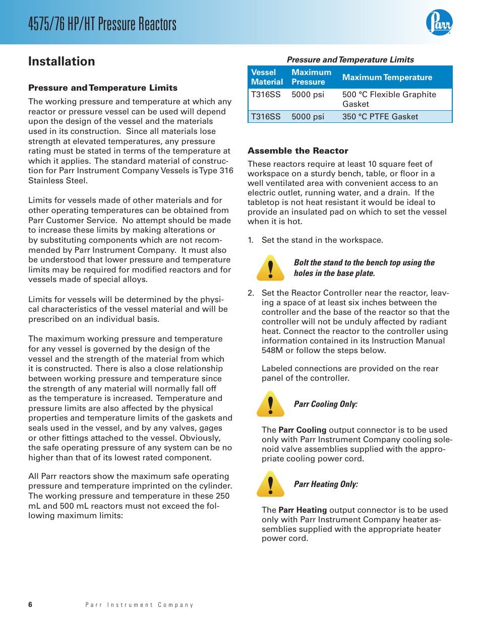 Installation, Pressure and temperature limits, Assemble the reactor | Parr Instrument 4575/76 HP/HT User Manual | Page 6 / 24