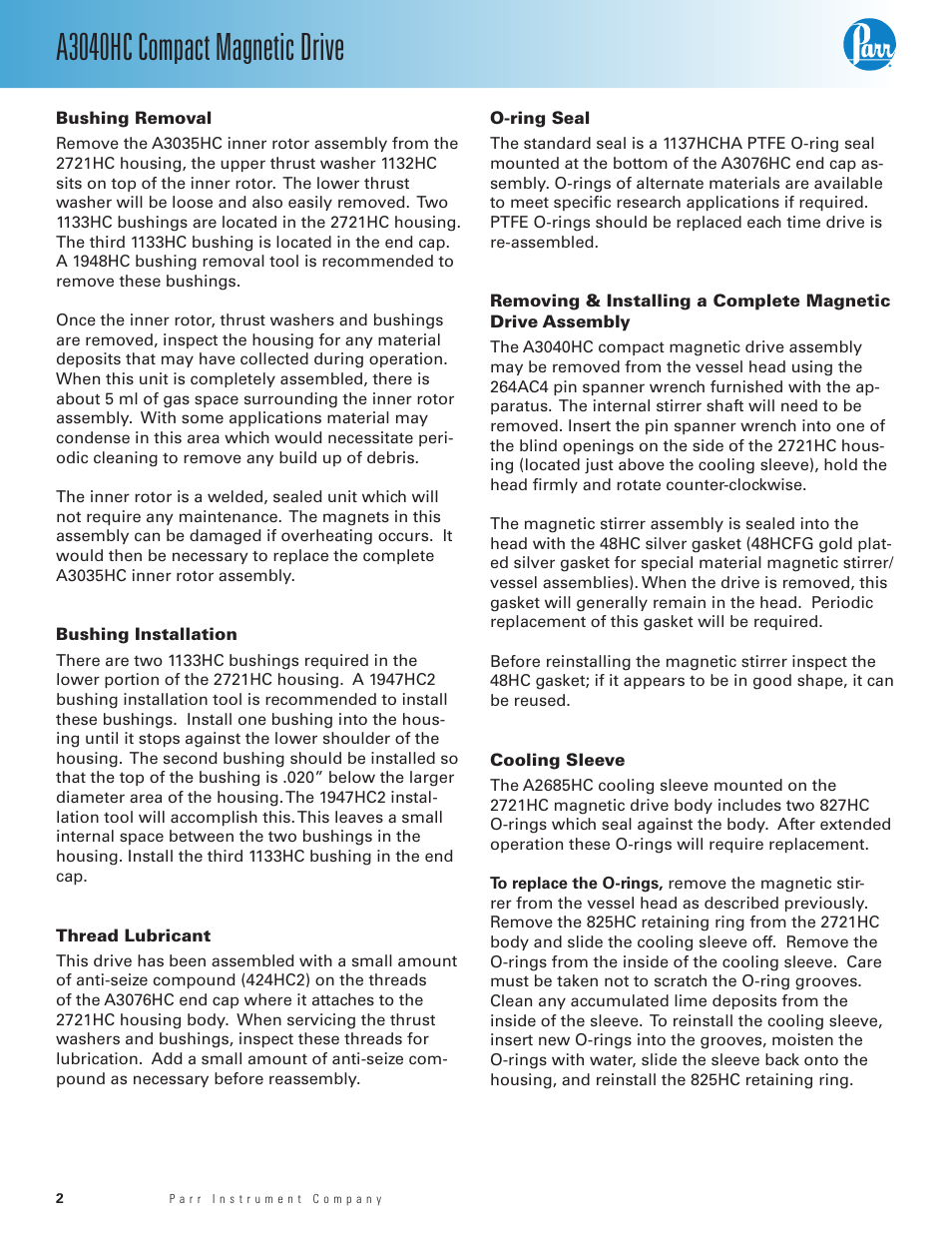 Bushing removal, Bushing installation, Thread lubricant | O-ring seal, Cooling sleeve, A3040hc compact magnetic drive | Parr Instrument A3040HC User Manual | Page 2 / 4