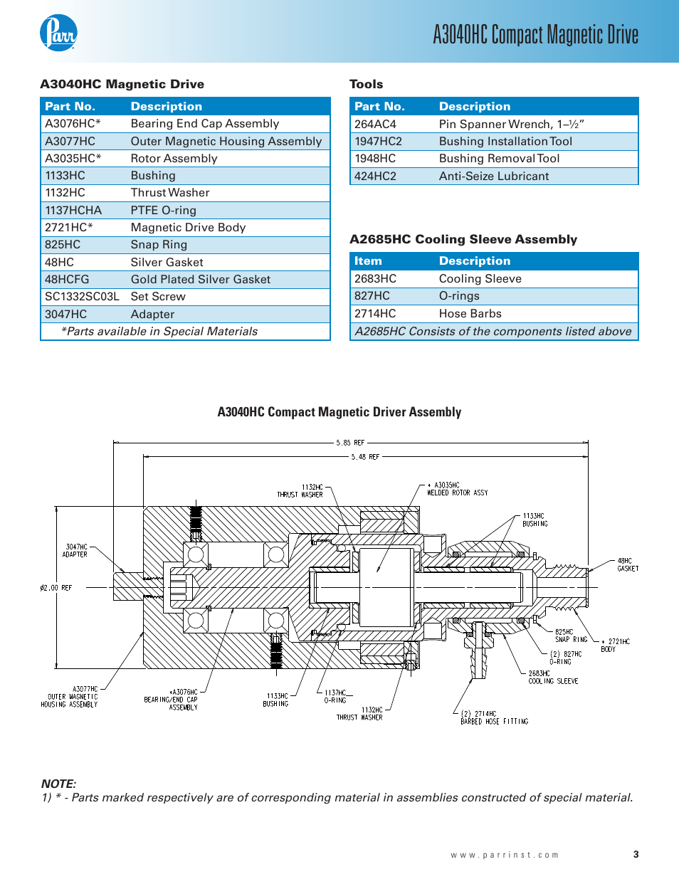 A3040hc magnetic drive, Tools, A2685hc cooling sleeve assembly | A3040hc compact magnetic driver assembly, A3040hc compact magnetic drive | Parr Instrument A3040HC User Manual | Page 3 / 4