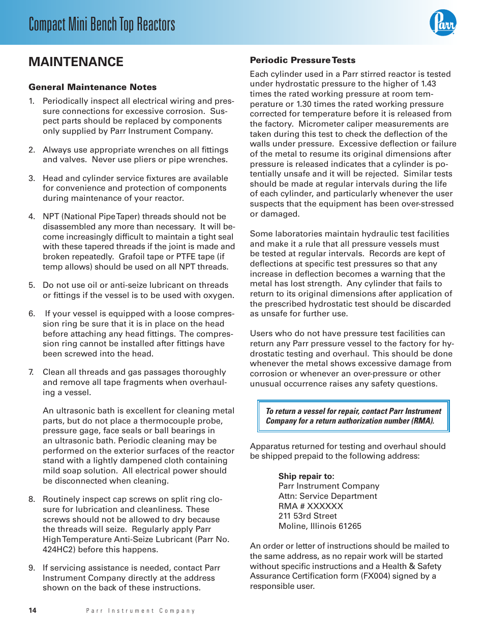 Maintenance, General maintenance notes, Periodic pressure tests | Compact mini bench top reactors | Parr Instrument Series 5500 User Manual | Page 14 / 24
