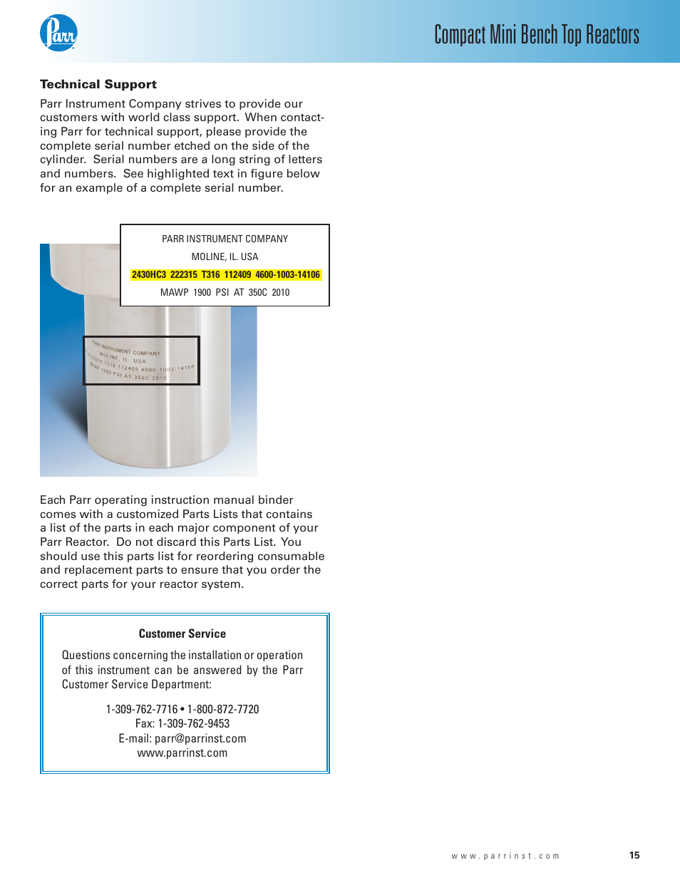 Technical support, Compact mini bench top reactors | Parr Instrument Series 5500 User Manual | Page 15 / 24