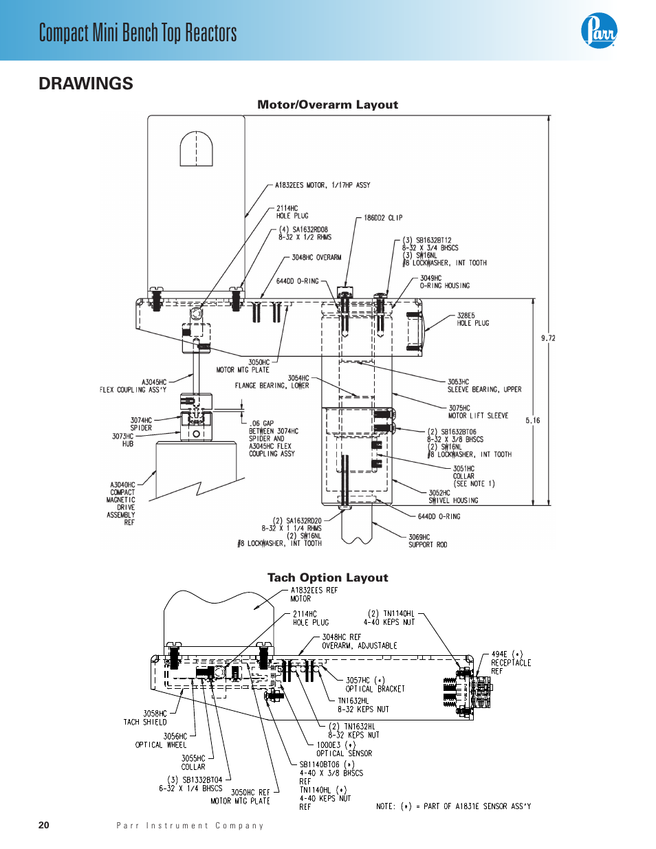 Drawings, Motor/overarm layout, Tach option layout | Compact mini bench top reactors | Parr Instrument Series 5500 User Manual | Page 20 / 24