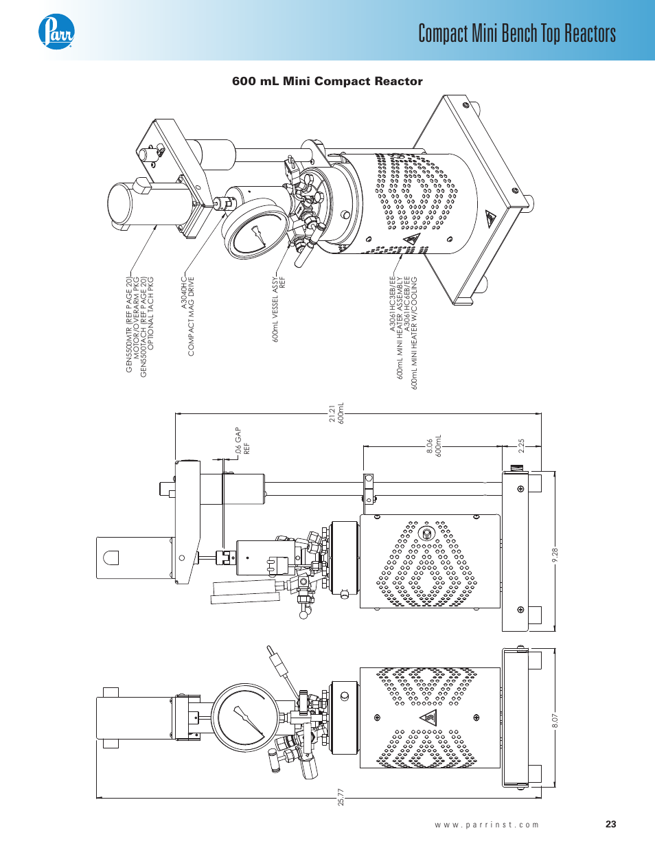 600 ml mini compact reactor, Compact mini bench top reactors | Parr Instrument Series 5500 User Manual | Page 23 / 24
