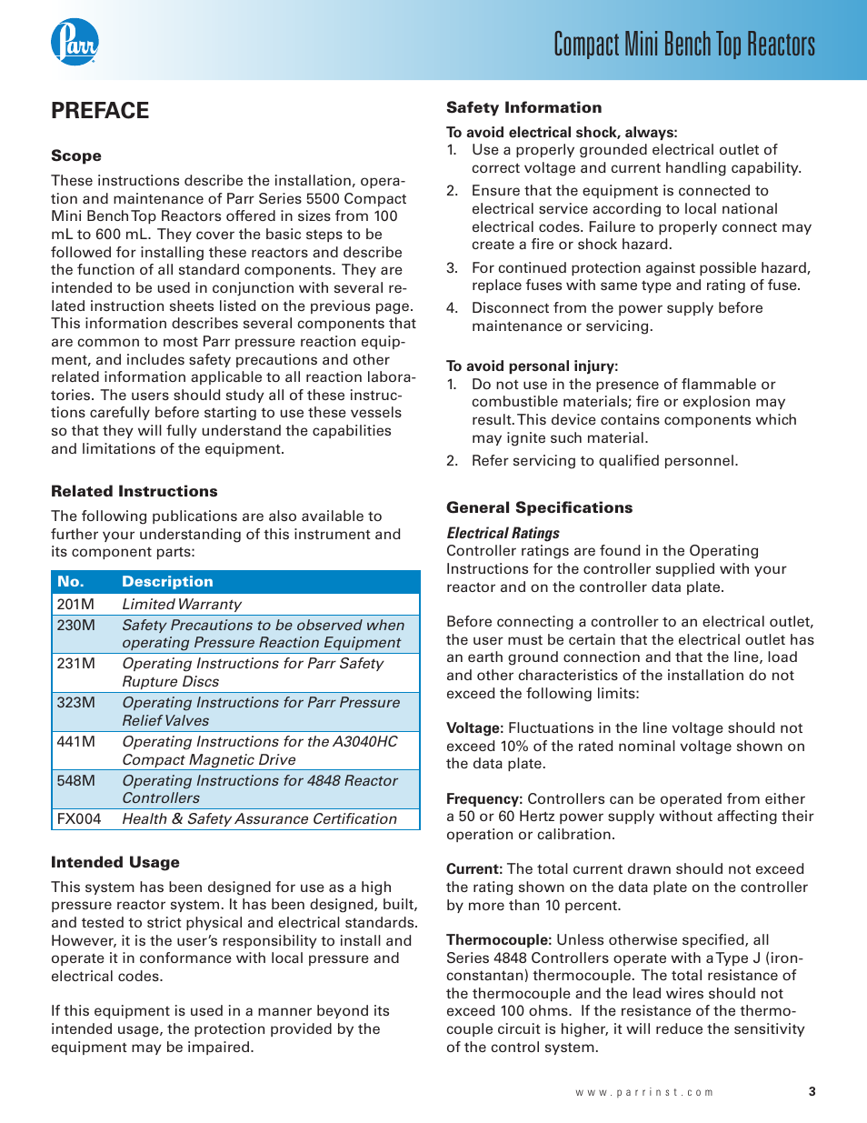 Preface, Scope, Related instructions | Intended usage, Safety information, General specifications, Compact mini bench top reactors | Parr Instrument Series 5500 User Manual | Page 3 / 24