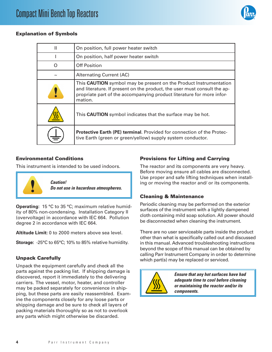 Explanation of symbols, Environmental conditions, Unpack carefully | Provisions for lifting and carrying, Cleaning & maintenance, Compact mini bench top reactors | Parr Instrument Series 5500 User Manual | Page 4 / 24