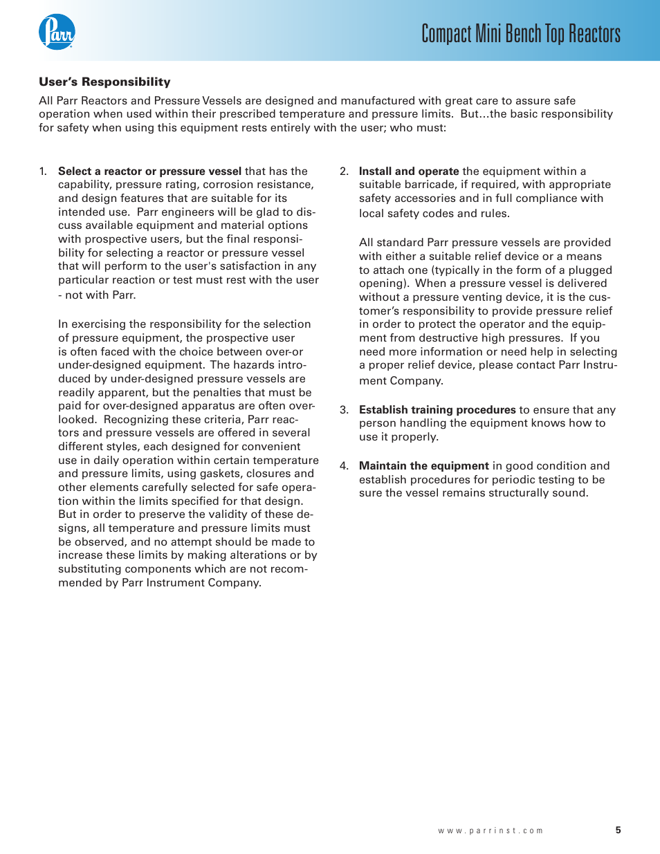 User’s responsibility, Compact mini bench top reactors | Parr Instrument Series 5500 User Manual | Page 5 / 24