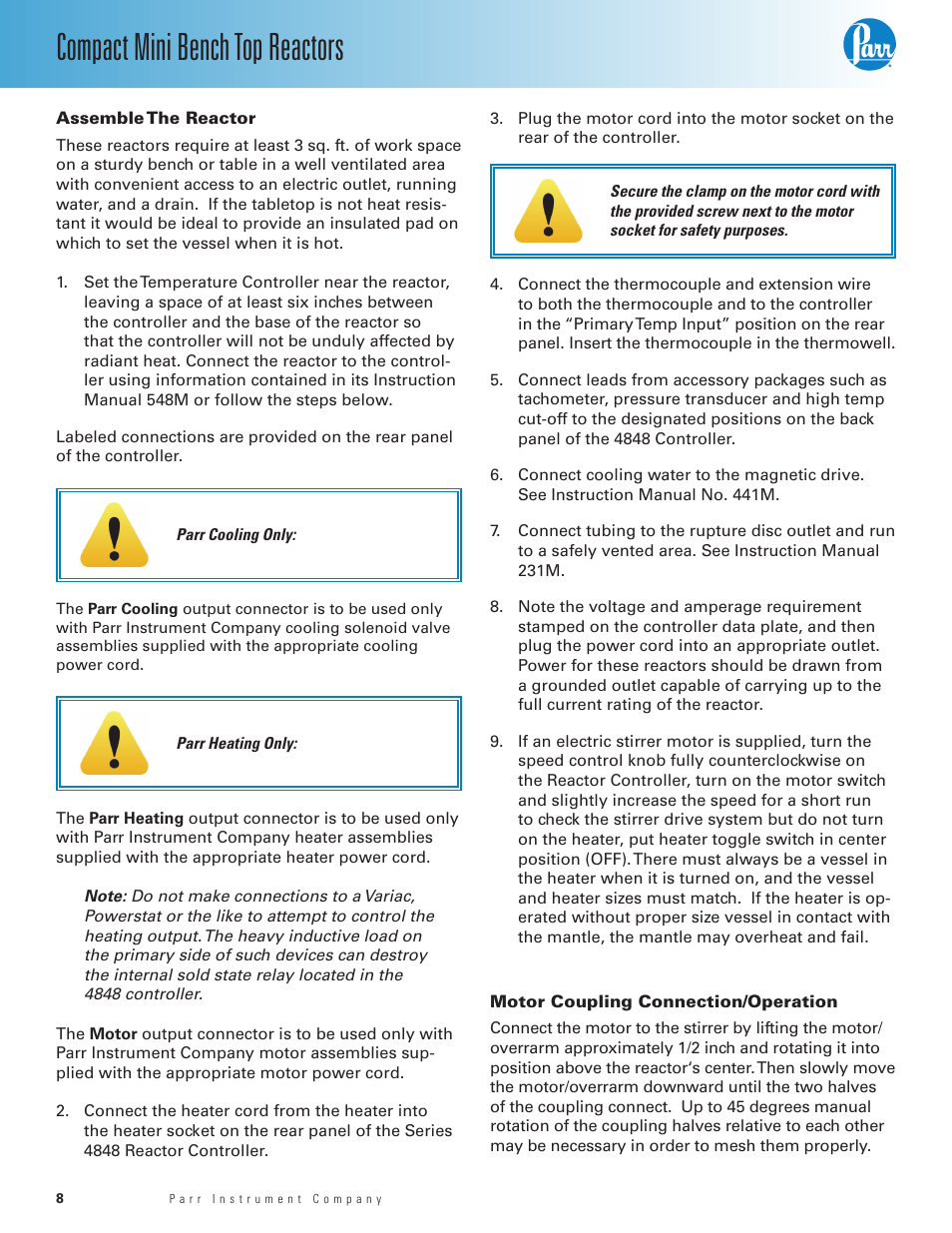 Assemble the reactor, Motor coupling connection/operation, Compact mini bench top reactors | Parr Instrument Series 5500 User Manual | Page 8 / 24