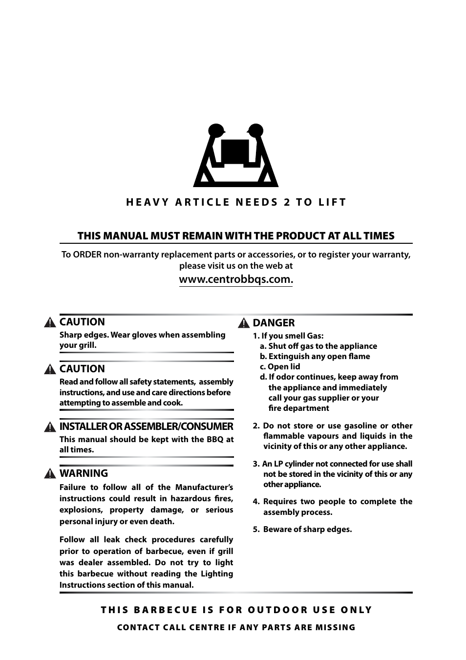 Danger, Warning, Caution | Installer or assembler/consumer | Centro 6800 User Manual | Page 2 / 19