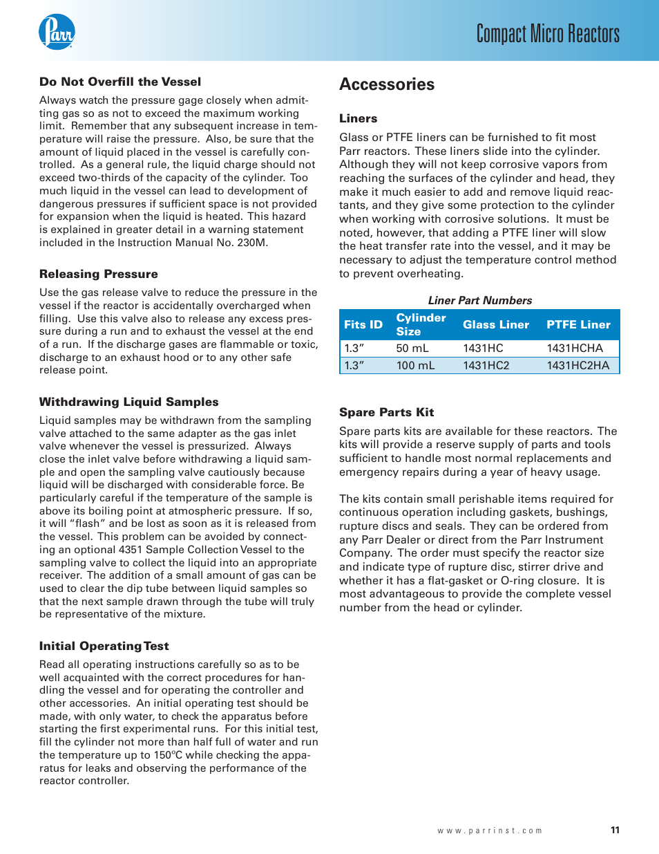 Do not overfill the vessel, Releasing pressure, Withdrawing liquid samples | Initial operating test, Accessories, Liners, Spare parts kit, Compact micro reactors | Parr Instrument Series 5500 User Manual | Page 11 / 20