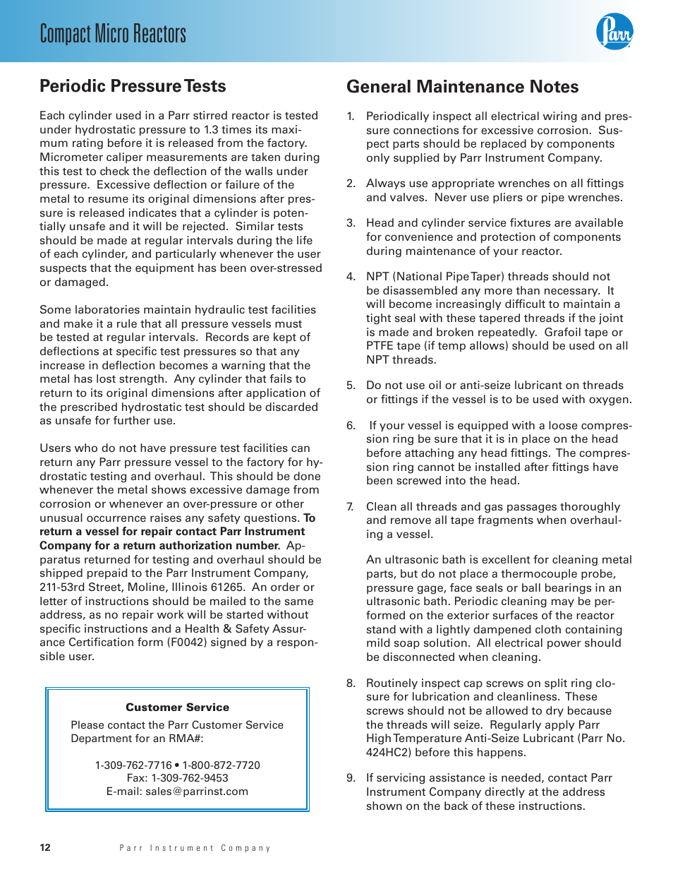 Periodic pressure tests, General maintenance notes, Compact micro reactors | Parr Instrument Series 5500 User Manual | Page 12 / 20