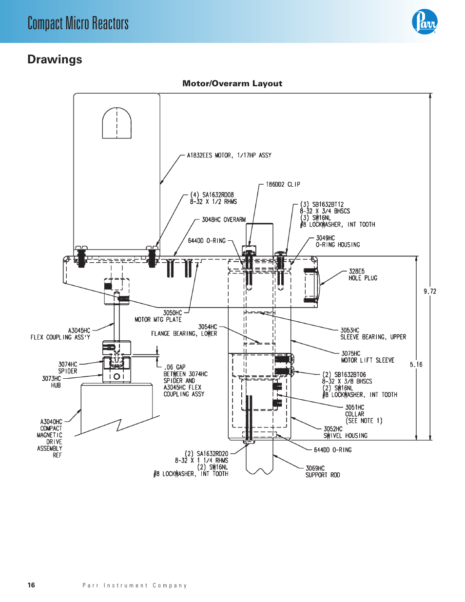 Drawings, Motor/overarm layout, Compact micro reactors | Parr Instrument Series 5500 User Manual | Page 16 / 20