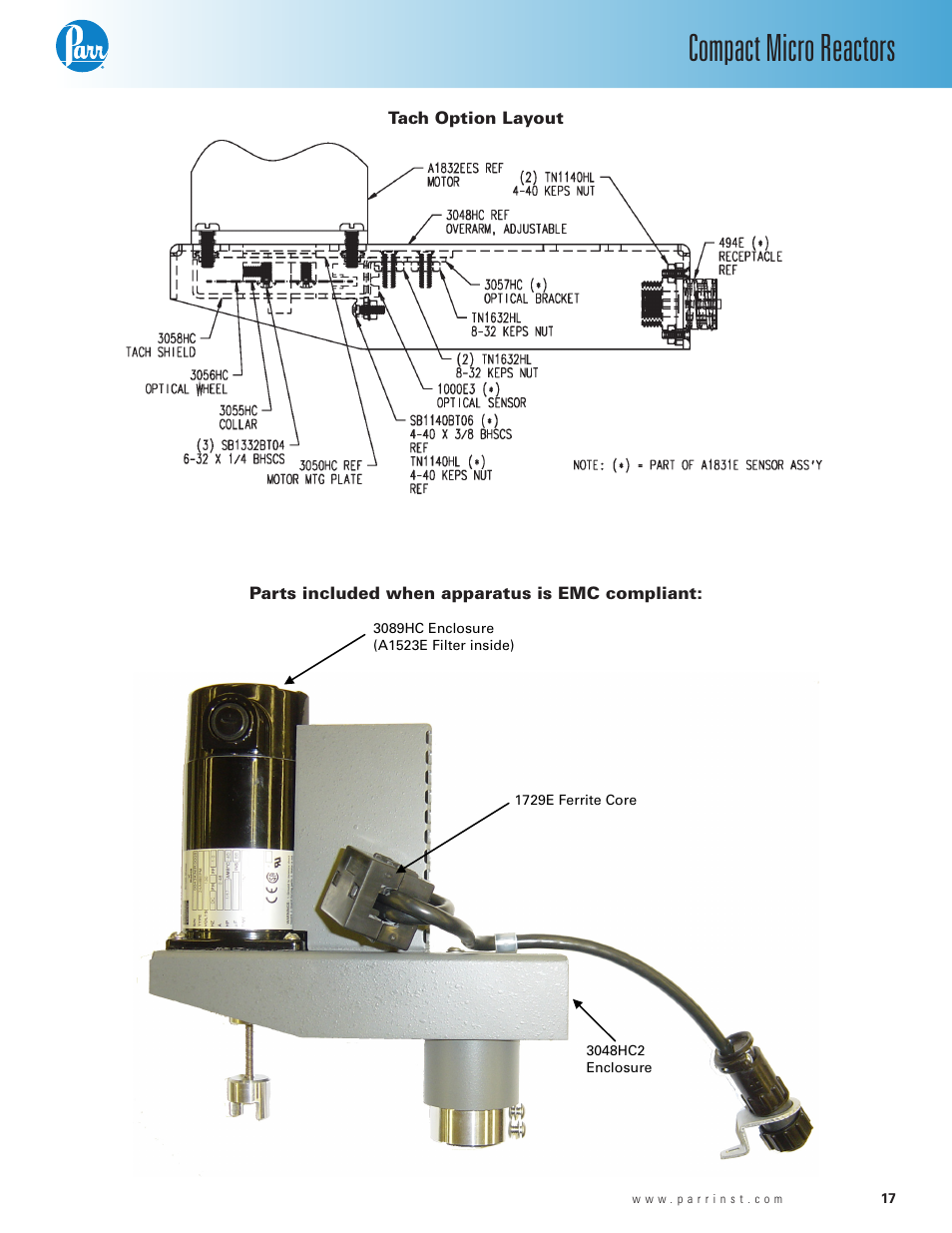 Tach option layout, Parts included when apparatus is emc compliant, Compact micro reactors | Parr Instrument Series 5500 User Manual | Page 17 / 20