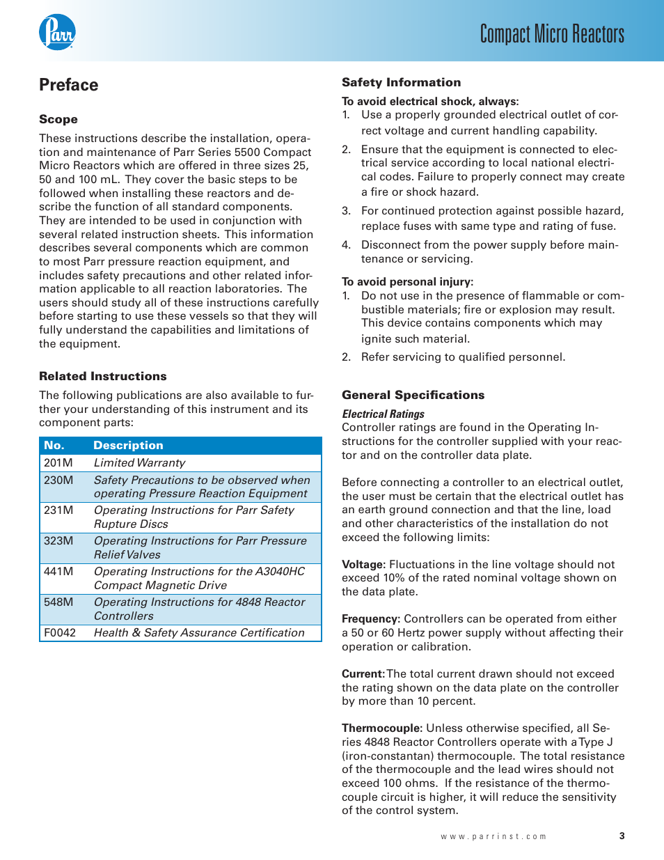 Preface, Scope, Related instructions | Safety information, General specifications, Electrical ratings, Compact micro reactors | Parr Instrument Series 5500 User Manual | Page 3 / 20