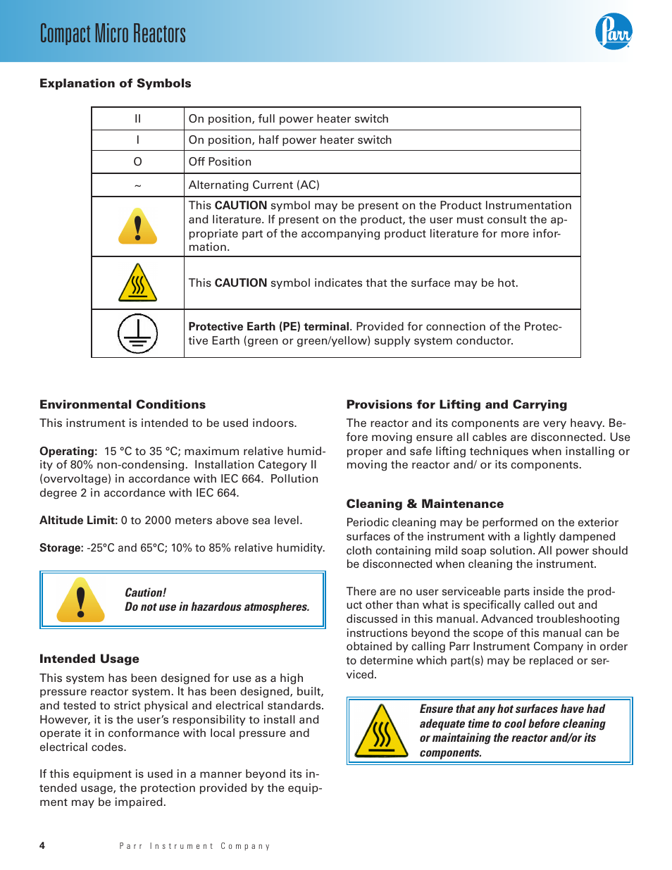 Explanation of symbols, Environmental conditions, Intended usage | Provisions for lifting and carrying, Cleaning & maintenance, Compact micro reactors | Parr Instrument Series 5500 User Manual | Page 4 / 20