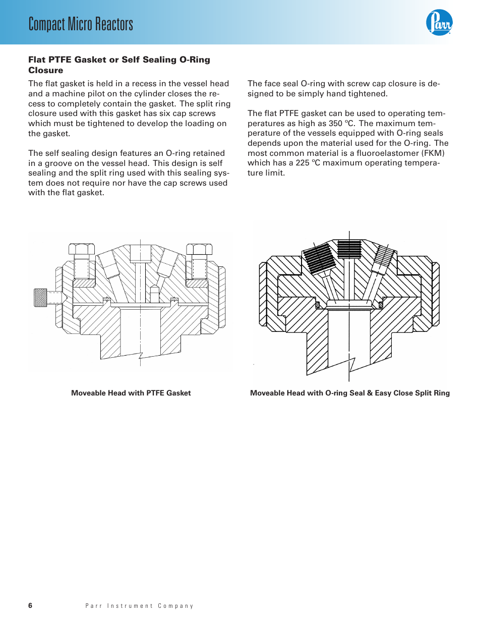 Flat ptfe gasket or self sealing o-ring closure, Compact micro reactors | Parr Instrument Series 5500 User Manual | Page 6 / 20