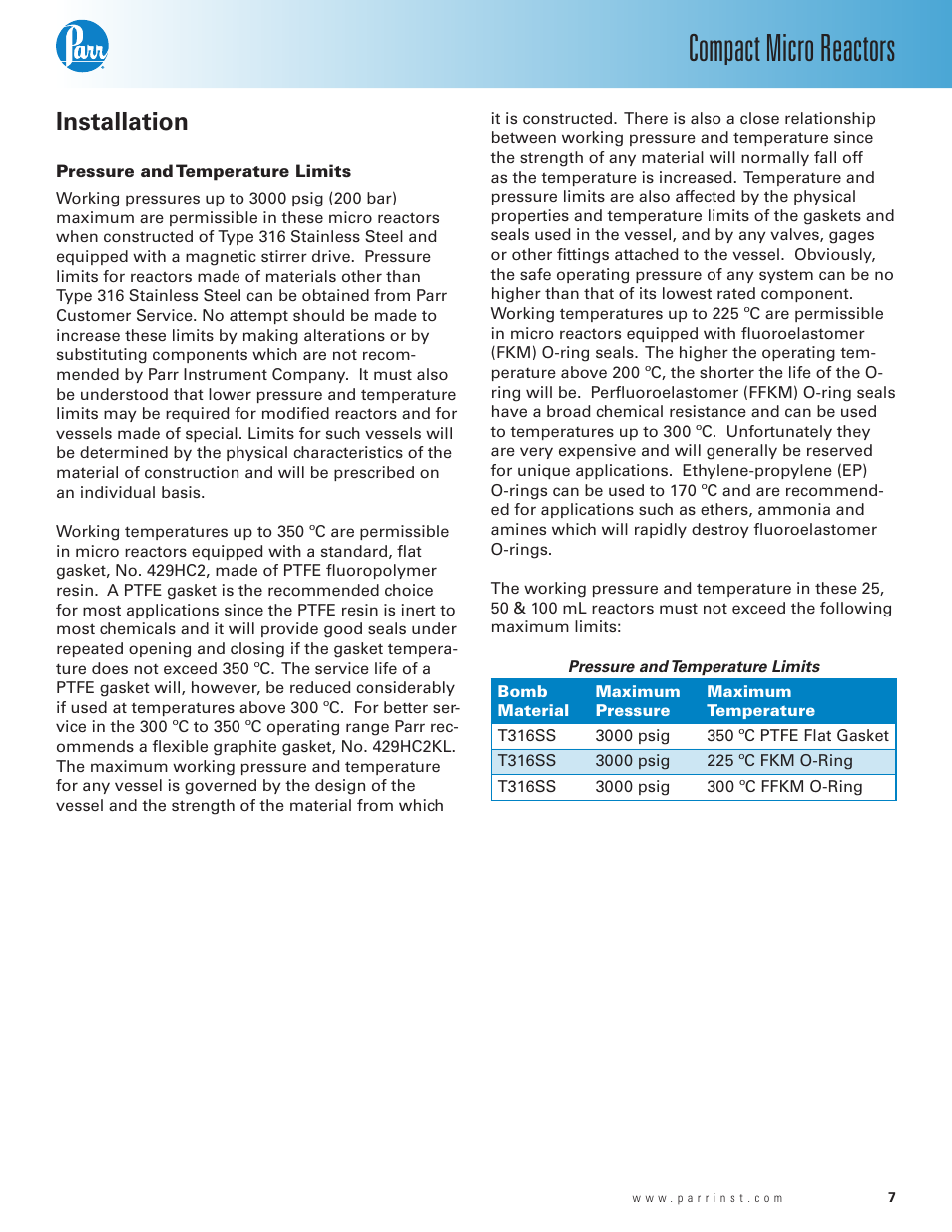 Installation, Pressure and temperature limits, Compact micro reactors | Parr Instrument Series 5500 User Manual | Page 7 / 20