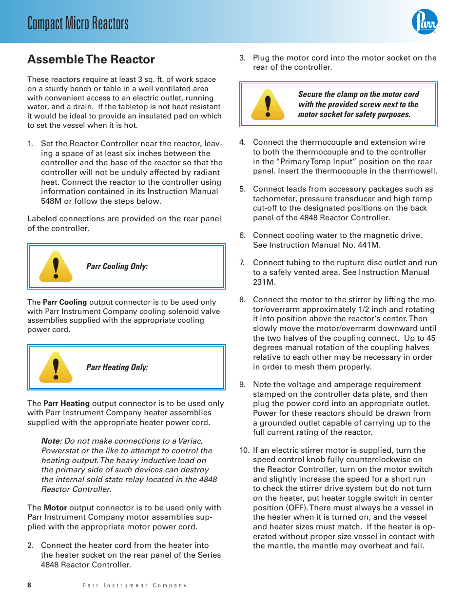 Assemble the reactor, Compact micro reactors | Parr Instrument Series 5500 User Manual | Page 8 / 20