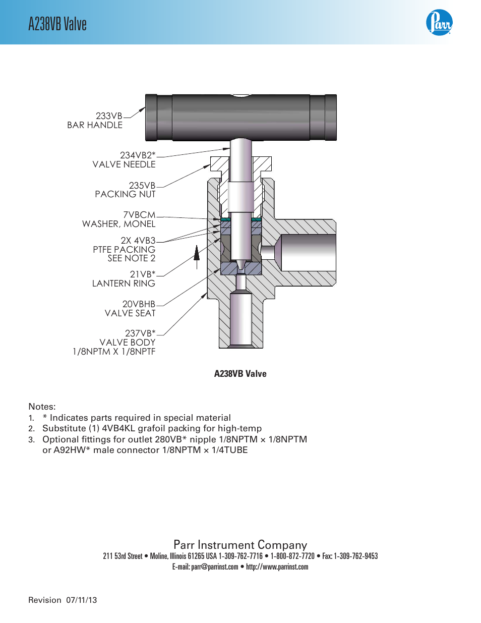 A238vb valve | Parr Instrument A238VB User Manual | Page 2 / 2